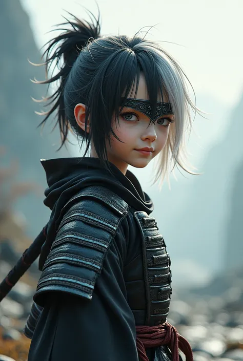 Make a small samurai with black and platinum hair at the ends smiling with a band around the eyes