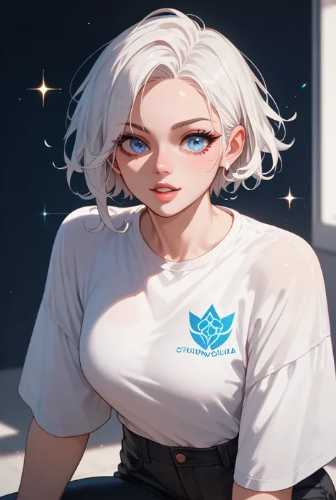  top quality, detail face

tall slender young woman with white hair  , Sparkling blue eyes,   and sharp face
Im wearing a white compression shirt and black pants。

