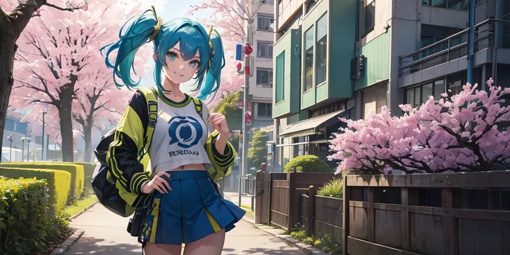  Solo Beautiful Twintail Blue Haired  , Green Eyes wearing  Green Short T-shirt motive with Military Symbol  Gold Colored and Short Skirt with smile evil expression character , Focus her Upper Body , positioned on the Left side of the image , with Scenery ...