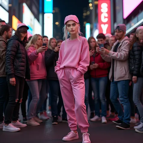 Skinny young white woman  , platinum blonde hair tied , blue eyes ,pink sweatshirt , Pink sweatpants  ,pink sandals , in a pink cap, e pink sandals ,  and several people wanting to take pictures cuddling with her ,  her posing hugging them and smiling  ,  ...