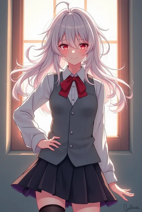  Beautiful girl with hip-length white hair and messy bangs, sweet look and red eyes .  High school uniform gray vest and black skirt , with thigh-high stockings