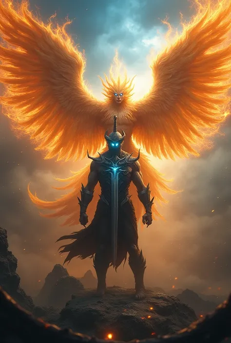 A seraphim with 6 fiery wings with blue eyes of glorious fire in appearance with a large sword tucked into the chest of the black demon is horned with a sinister appearance full of details that causes terror 