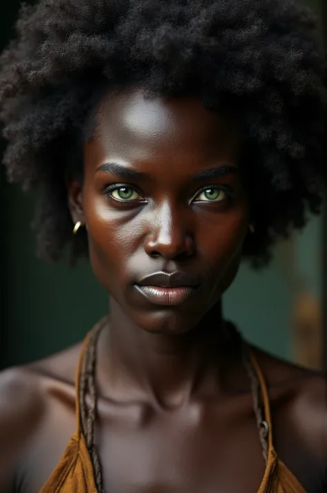  A black slave with green eyes ,  dark skin and afro hair . Your skin,  of deep black shade ,  could shine under light ,  with a soft and rich texture that reflects their African heritage . his eyes,  unusual in a person of his origin ,  would be deep gree...