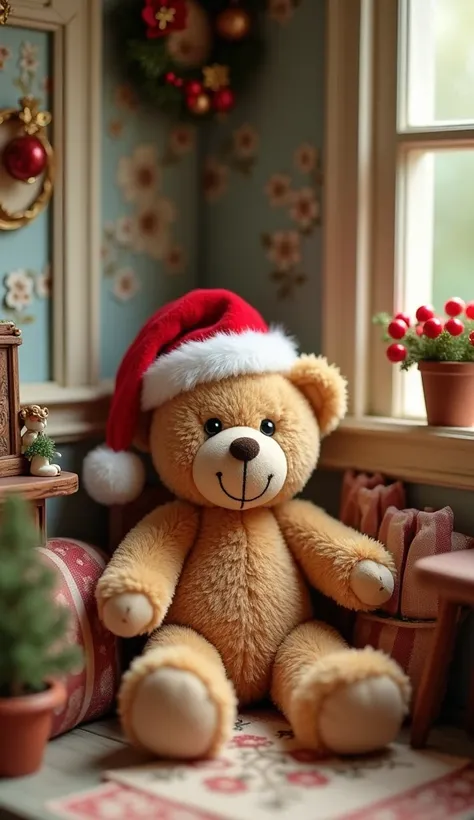  a cute miniature room 、Inside a French room 、 a stuffed little bear、 Christmas、Cute Bear、 real、 high image quality、Santa hat