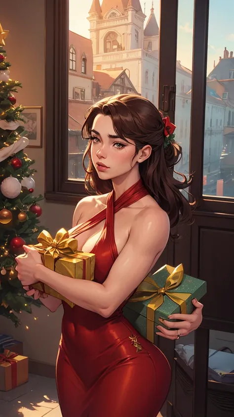 a naked woman with her hands tied with a large gift bow with several presents around her , And Christmas ornaments with hands tied together a close up of a woman in a red dress near a window, artgerm style,  style Ivan Talavera and artgerm , cushart krenz ...