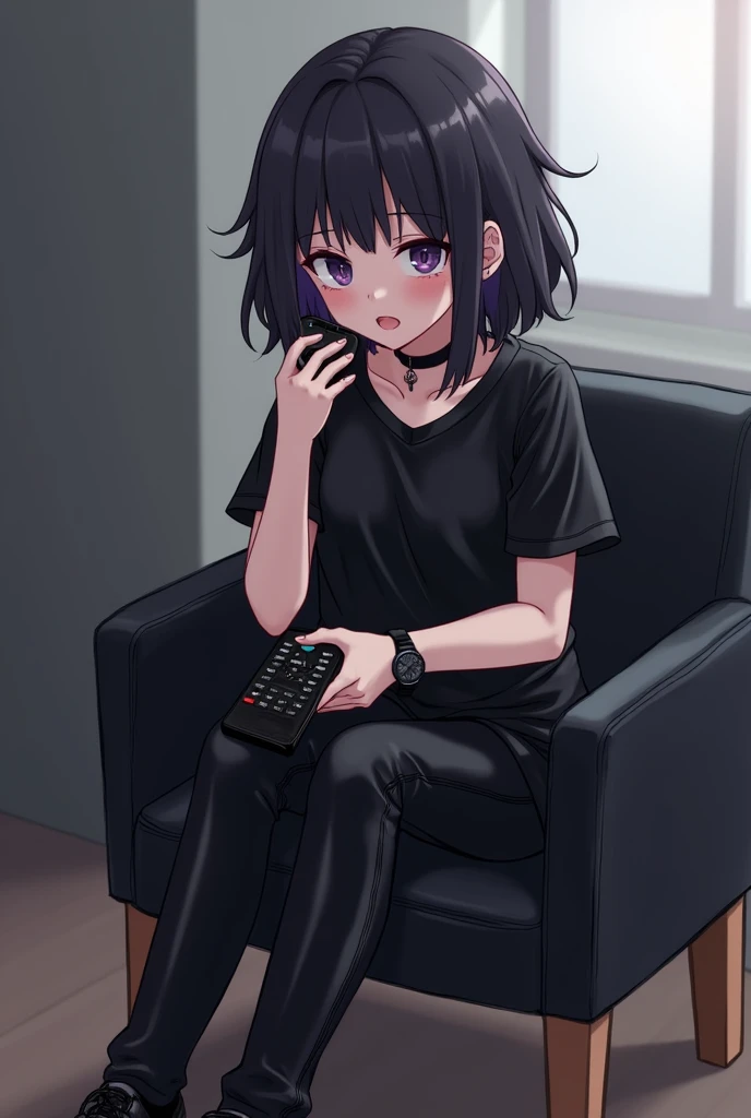 An anime-style illustration of a girl with a black watch and black hair and purple eyes with black eyes with dark circles, a teenager sitting in a black leather dining backrest chair with wooden legs She wears leather pants and black leather shoes and a le...