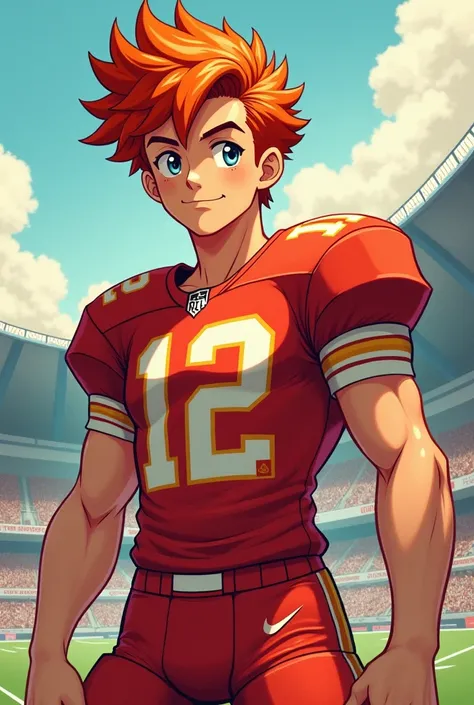 a young man with curly red hair and a pompadour, he is wearing a football player outfit, anime style