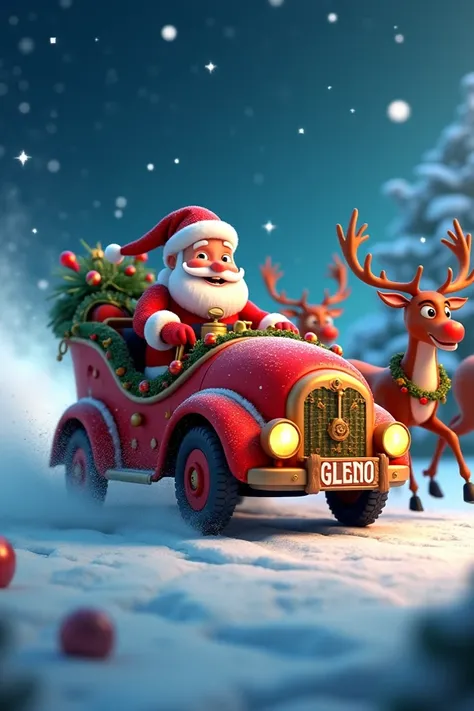 Santa Claus car with elks written in the name " GLENIO  " ( Colored letters )