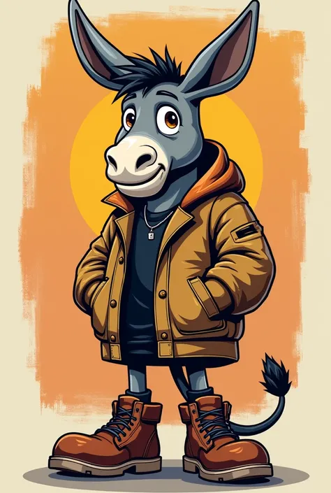 A stylish cartoon donkey mascot in a streetwear aesthetic. The donkey wears brown boots with high socks, a worn-out jacket layered over a black shirt, and exudes a cool, laid-back vibe. Its posture is confident yet approachable, embodying a mix of urban gr...