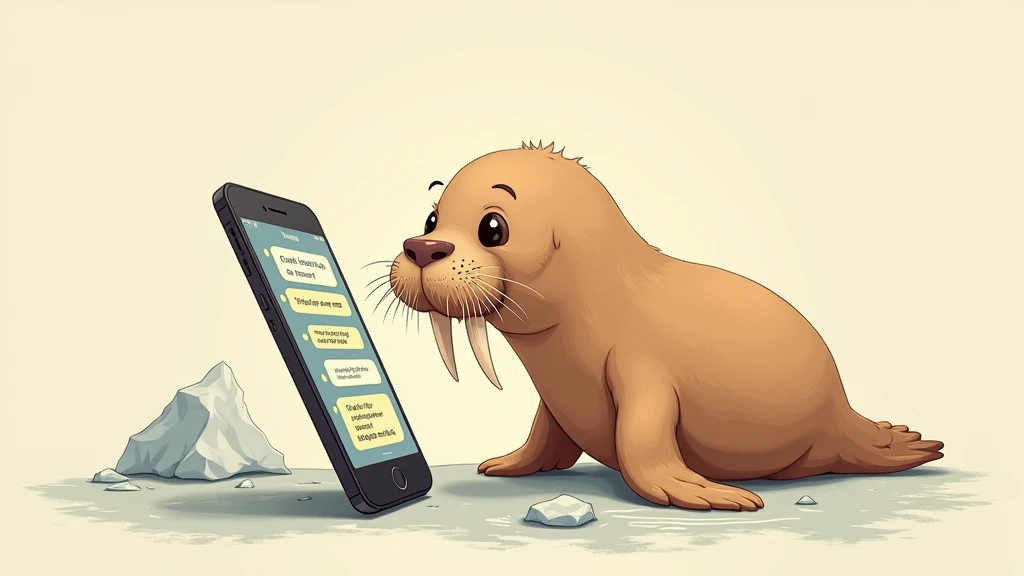 A cute illustration of a walrus looking at a smartphone screen showing English chat exchanges