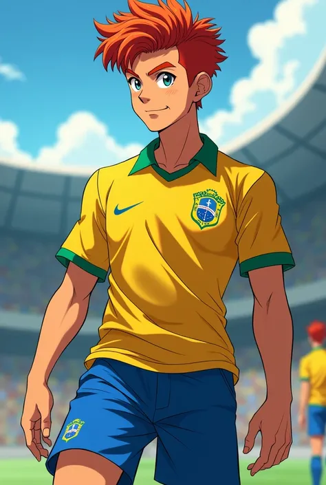 a young man with curly red hair and a pompadour, he is wearing a Brazilian football player outfit, anime style