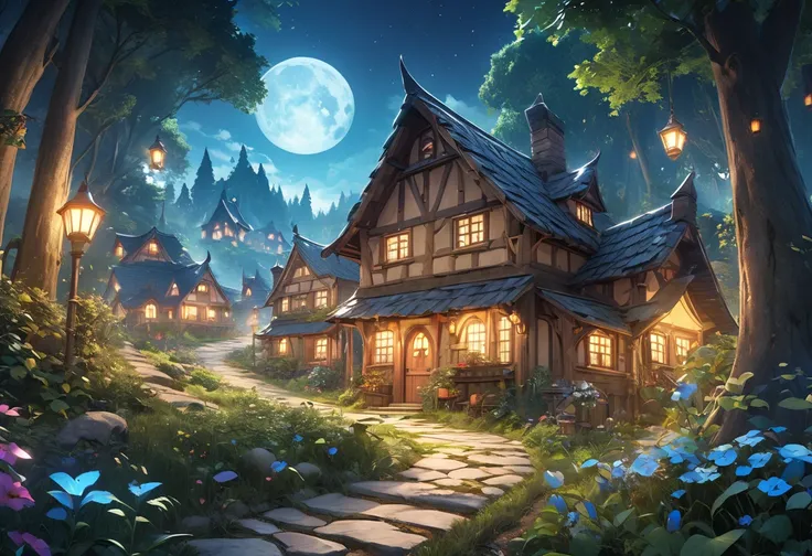 In the forest、 there is a path leading to the house、Cartoonish style house, fantasy Taban background , Night Village Background , home background , Fantasy House,  Background Art work,  beautiful house on a forest path, Fairytale style background, Taban ba...