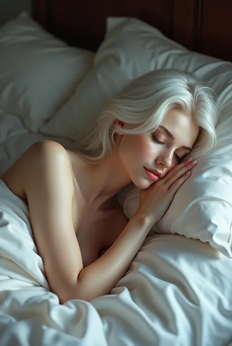 Russian naked girl , in bed,  rests barefoot,  white hair
