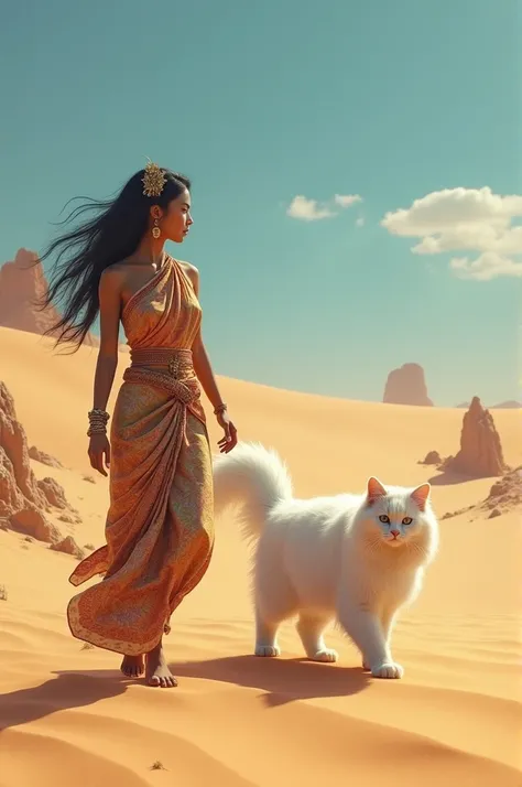 A beautiful Indonesian woman is walking in the desert with a giant white Persian cat