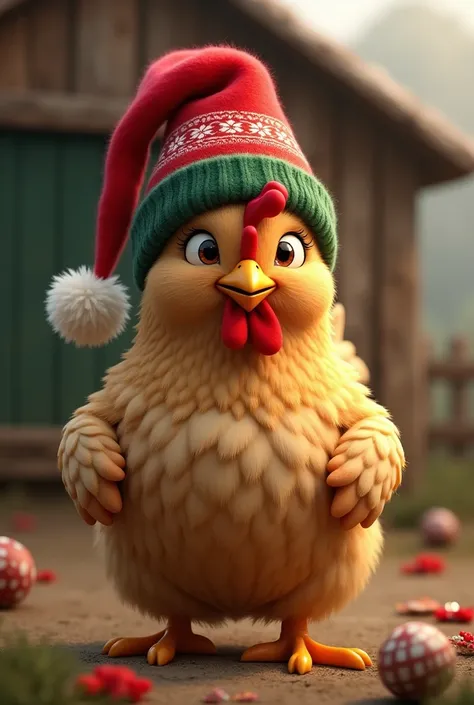 Create a country chicken with a Christmas hat
