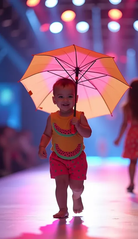 A cheerful baby walks down a brightly lit runway, holding a colorful umbrella in one hand and wearing an outfit decorated with watermelon patterns. The camera performs a dolly forward movement, capturing the energy of the show with bright lights in the bac...