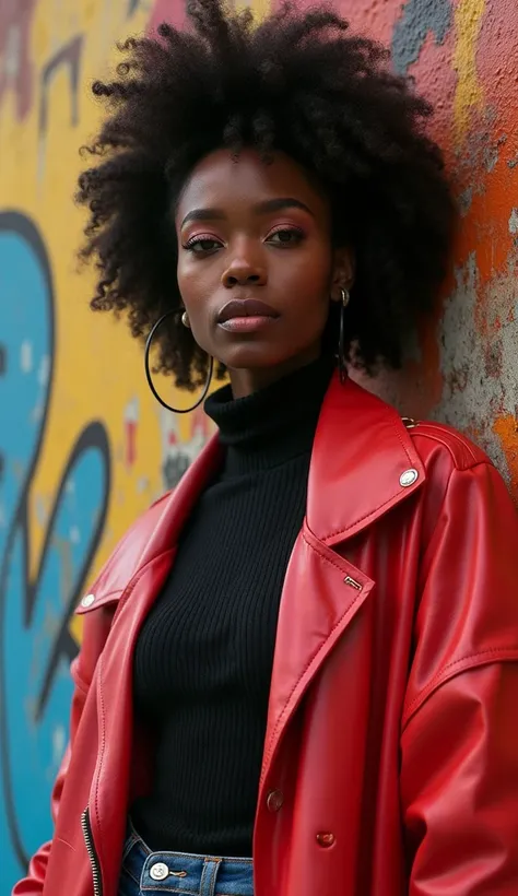 1 femme noire américaine, avec des tresse mode hip-hop de rue des années 80, vêtements  épais tranchants et lâches, Melbourne shuffle, jeu de pieds, plan moyen, Années 1980, photoréaliste, poses élégantes et arrogantes (meilleure qualité,4K,8K,haute résolu...