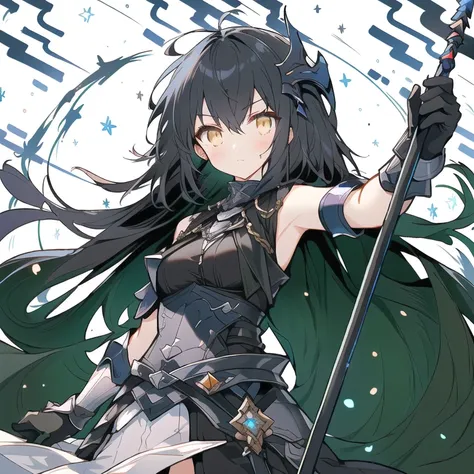 A beautiful anime girl with long black hair, holding a spear, detailed hand, wearing a long black dress with white accents, and gloves, standing against a night sky with a full moon and a clean, starry sky, with a dragon in the background, her golden eyes ...