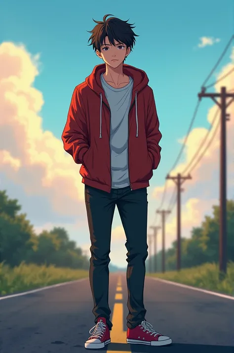 Generate image of a boy who is standing alone in a road and he is an anime character and his age is of 18 year old boy and very handsome and nice and fill with attitude 