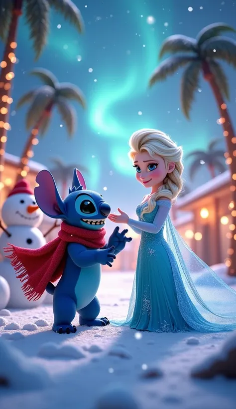 "Create a whimsical, hyper-realistic image of Elsa from Frozen and Stitch from Lilo & Stitch, together in a magical Christmas setting. Elsa, with her platinum blonde hair, ice-blue gown, and sparkling snowflakes, is holding out her hand, casting a flurry o...