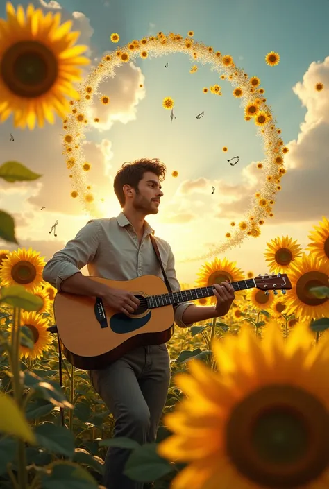 Create me an image of Grabovoi numbers mixed with music that has a guitar and sunflowers that you notice that I know Grabovoy numbers and I compose music