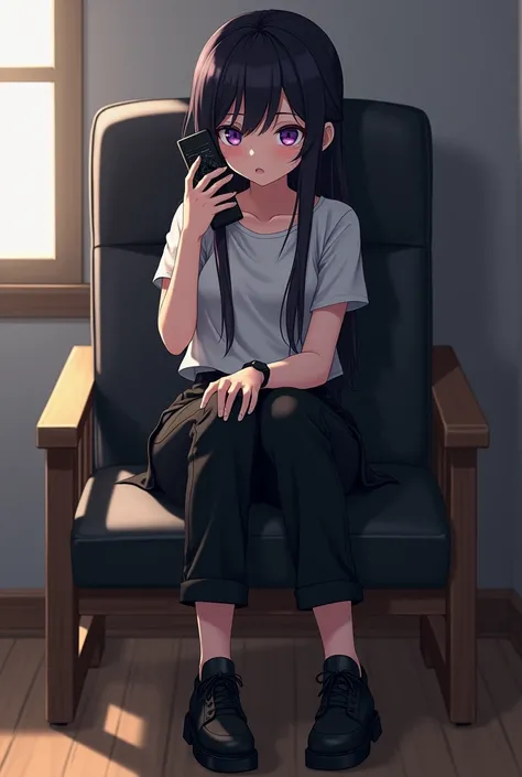 An anime-style illustration of a girl with a black watch and black hair and purple eyes has lines of dark circles under the eyes, a teenager sitting on a chair with a dining backrest, black leather with wooden legs, she wears leather pants and black leathe...