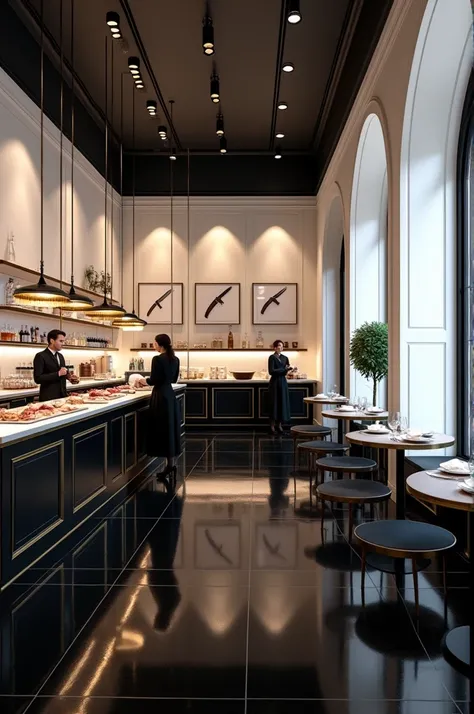 An elegant butcher shop ,   with a sophisticated space , with glossy black porcelain tile floor ,  white walls ,  10 round glass tables where customers can sit and wait to be served by a highly elegant staff dressed in black with a white ribbon, bright lig...