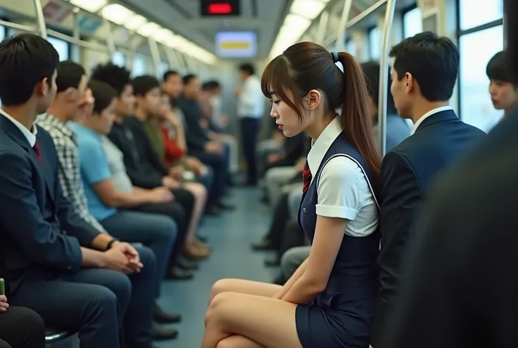 Actual photo、Highest image quality、Beautiful woman、Beautiful thighs、Beautiful Face、Uniform Ponytail、Japanese woman、short dress、inside a crowded subway、Sit in your seat、Front seat.A man approaches and touches my chest