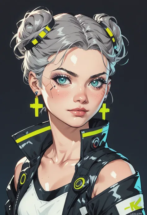 1girl, breasts, solo, cyberpunk, jewelry, looking at viewer, earrings, tattoo, upper body, double bun,  hair bun, bare shoulders, jacket, cyborg, makeup, medium breasts, blue eyes, science fiction, shiny skin, grey hair, off shoulder, multicolored hair, co...