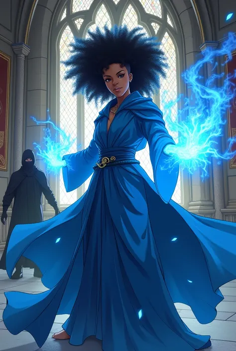 Afro-American sorceress with HAIR TRIMMED AT THE SIDES AND LONG BEHIND her blue magic tunic in the background the interior of a medieval English castle and a HOODED NINJA DRESSED IN BLACK.......  anime style 