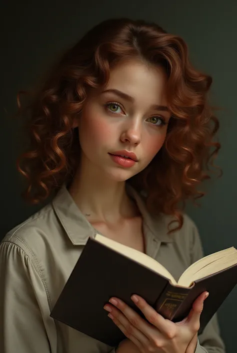  Curly haired woman, brown color,  with a dot on the right side of the cheek, Its a book in the hand  