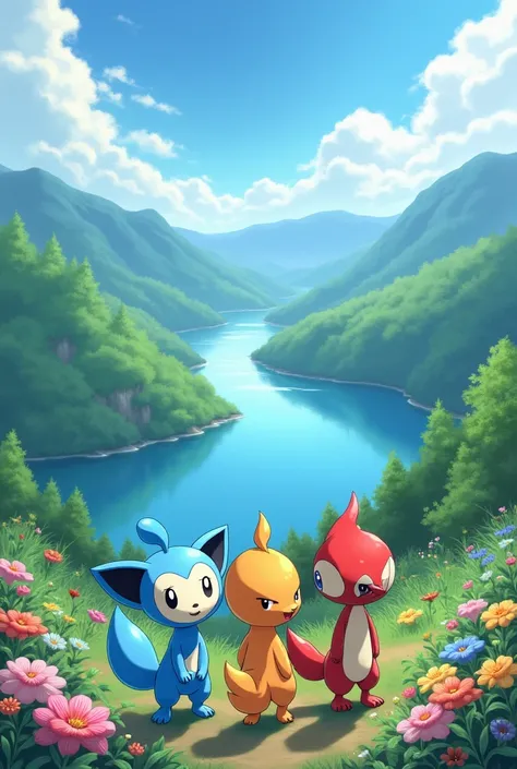 A beautiful landscape with Froakie ,  torchic and Piplup looking over there 