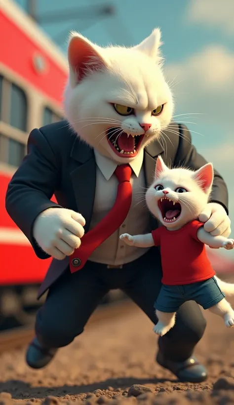 
In cinematic 3D style, HD image, realistic image, colourful image.
Character,muscular body big white cat wearing black suit and red tie and white shirt and black pant and black shoes. Expression very angry
Character, white baby cat wearing red t-shirt and...