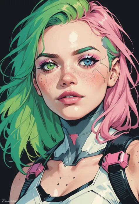 1girl, solo, freckles, green eyes, makeup, looking at viewer,  multicolored hair, cyberpunk, portrait, pink hair, blue eyes, heterochromia, cyborg, science fiction, pink  eyeshadow, nose, parted  lipstick, eyelashes, green hair, zPDXL3, detailxl,