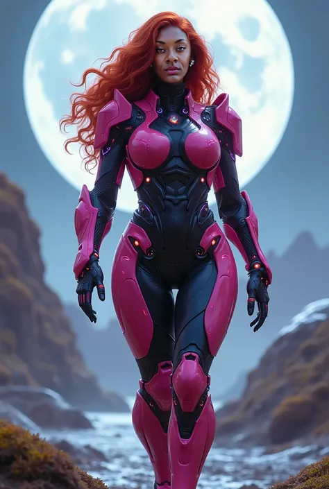 
**(( CREATE AN IMAGE OF A CHARACTER WALKING HEAD-ON IN A MOONLIGHT, WEARING FEMALE KAMEN RIDER ARMOR )) king,  long hair, curly, Bulky and Red  ((beautiful woman)), ((king)),((smiling))  armor in the colors pink ,  red and transparent purple ,  small brea...