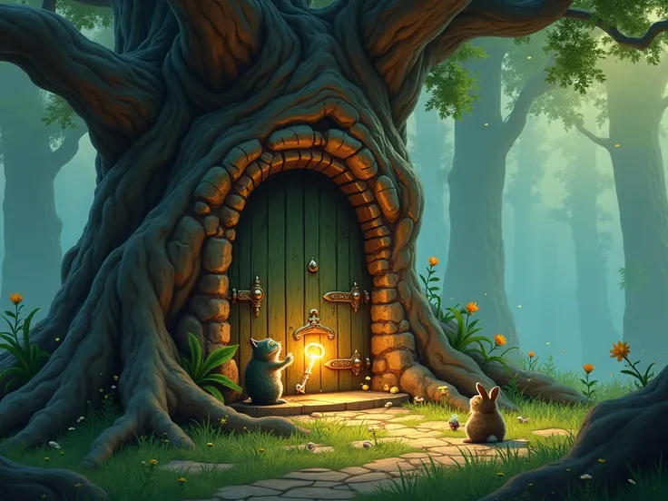 "A tiny, sparkling door at the base of an ancient oak tree. The key glows brightly in the cat’s paw. as the cat,frog,rabbit gathers around, ready to open it."