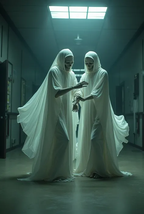 Two dead people dancing in the morgue with white cloaks 