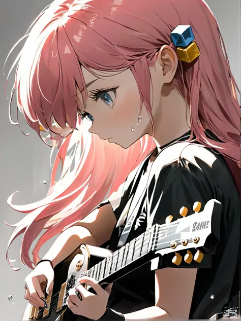 monochrome cube hair ornament, a young girl with pink hair and blue eyes, playing a Gibson Les Paul electric guitar with passion. The style is simple, focusing on the upper body of the girl in profile, against a white background. She is clad in a black t-s...