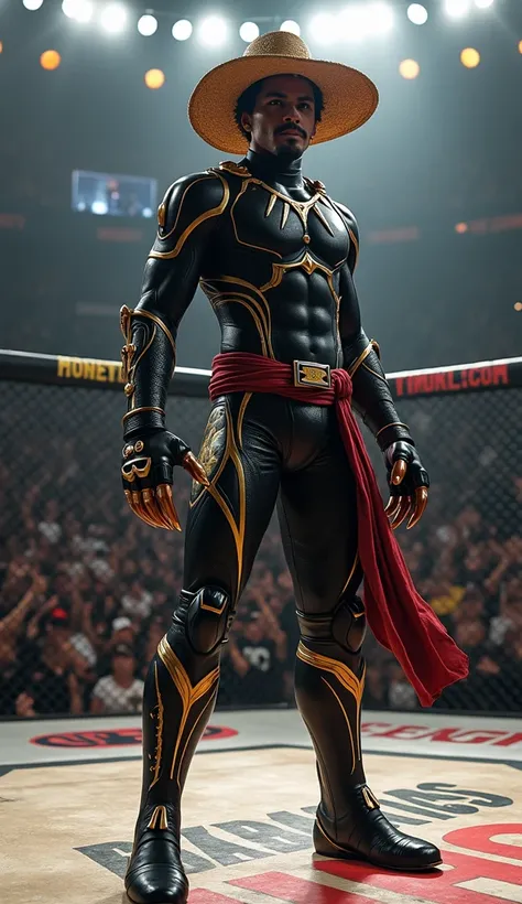 A hyper-realistic fusion of Monkey D. Luffy from One Piece and Black Panther from The Avengers. Luffy’s signature straw hat rests atop a sleek, vibranium-infused combat suit, blending the tribal patterns and sharp lines of Wakandan technology with Luffy’s ...