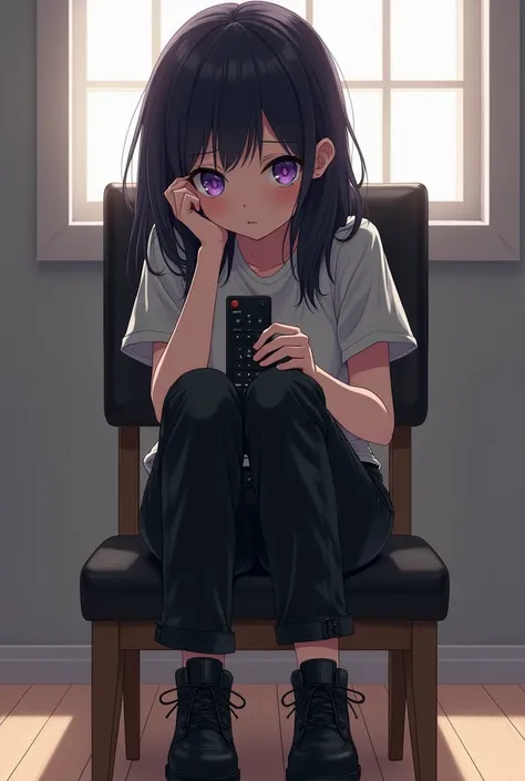 An anime-style illustration of a girl with a black watch and black hair and purple eyes has lines of dark circles under the eyes of a teenager sitting in a dining chair with a black leather backrest with wooden legs She wears leather pants and black leathe...