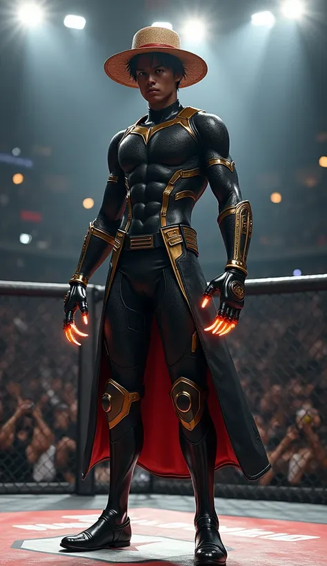 A hyper-realistic fusion of Monkey D. Luffy from One Piece and Black Panther from The Avengers. Luffy’s signature straw hat rests atop a sleek, vibranium-infused combat suit, blending the tribal patterns and sharp lines of Wakandan technology with Luffy’s ...