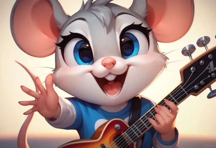 Close up of a mouse playing a guitar in a field,  cute digital art ,   Cute Digital Painting  ,  cute detailed digital art ,   anthropomorphic mouse  ,  Mouse with drums , Mouse clothes ,  Happy, Brave, Magically Cute , Close up of cute cartoon character ,...