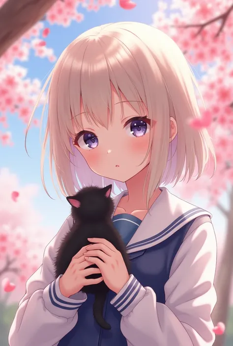 An extremely cute girl who had natural platinum blonde hair, two-tone eyes, left greyish blue, right lilac, wore a typical Japanese uniform and was under a Sakura tree, on the side she had a little black kitten that she caressed, she was around 14 to . 
