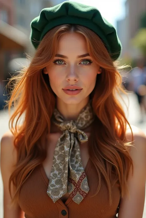 Create a stylish outdoor portrait of a woman wearing a green beret and a sleeveless brown top, with flowing reddish-brown hair. She should have a patterned tie around her neck, and the background should include blurred urban elements, creating a relaxed ye...