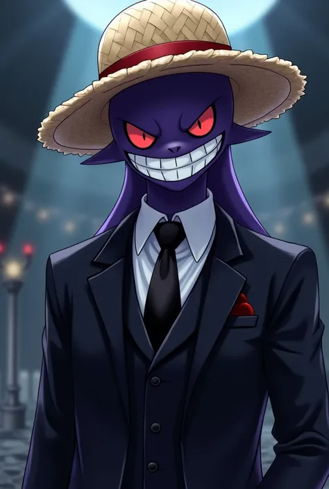  Make a wallpaper from the anime Black Clover, And that the Pokémon Gengar Shiny wears a black suit,  for the straw hat worn by Luffy 