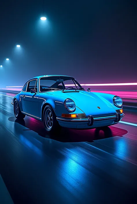 Porsche 911 1968 neon blue light running.