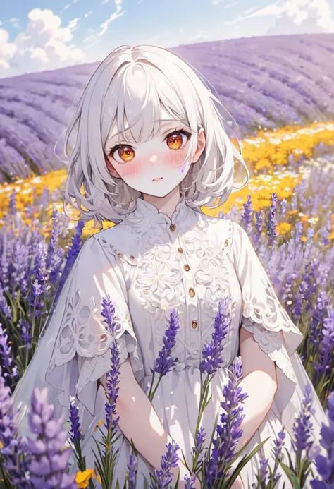  A girl stands in the middle of a flower field. White hair and amber eyes .  pretty girl ,  pale skin , god,  art, Lots of lavender,   Blush on the face,  Entirely in the frame , Blushing, disturbance, Embarrassed, Light blush, Blush on the face, 