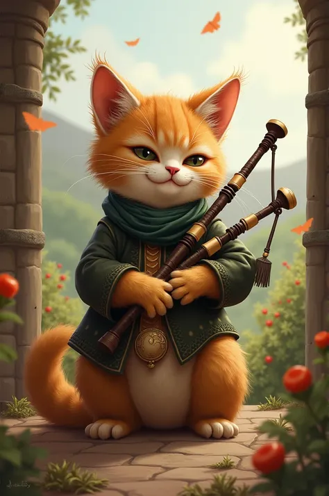 Cat playing the furro ,  the bagpipe instrument