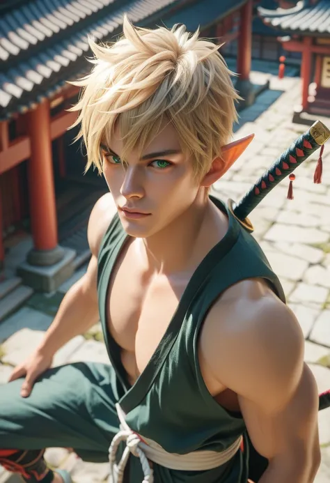 Male elf, photoreaistic, samurai, fair skin, (((short blonde hair))), green eyes, black eyeliner, pointy ears, strong, fit. Wearing full samurai armor.  Japanese temple background. Casual pose. High angle view.