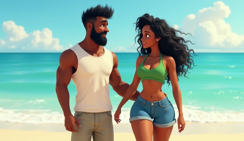  White-skinned man, black hair and beard,  wearing sleeveless t-shirt and shorts; dating a black woman ,  with curly hair and wide hips,  wearing green top and short short jeans ; on a beach. pixar mode.